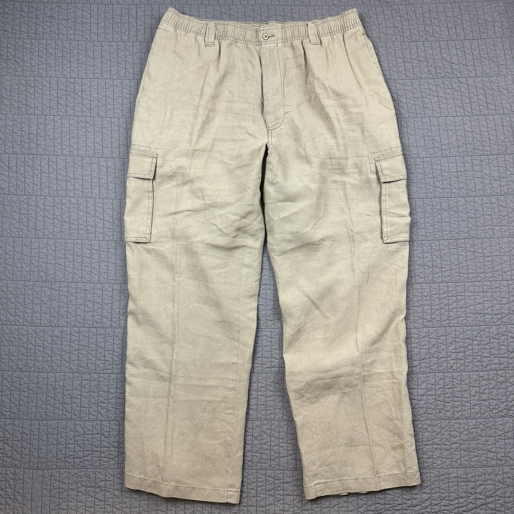 Caribbean Linen Pants Men's 38x30 (36x29) Tan Cargo Pocket Beach‎ Summer Preppy